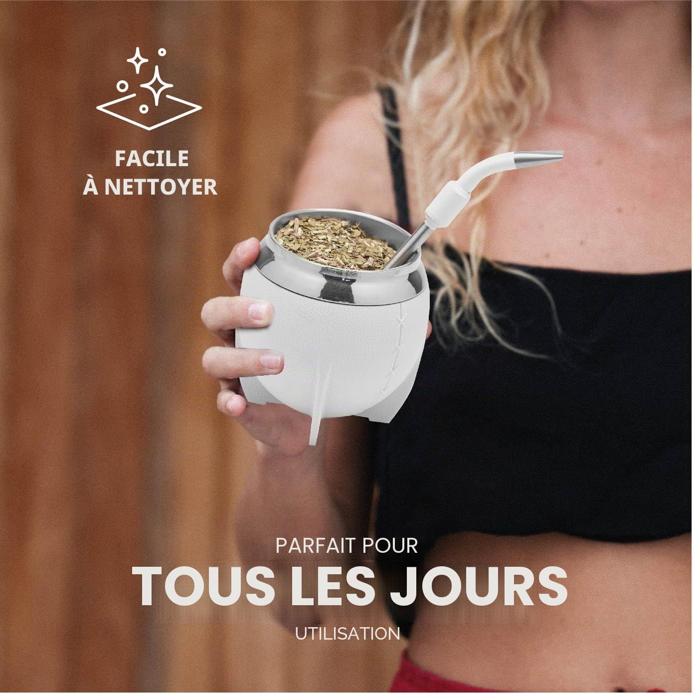 BALIBETOV Ensemble Tasse et Bombilla Yerba Mate, Comprend une Calebasse en Acier Inoxydable, une Bombilla Mate de Qualité Premium et une Brosse de Nettoyage (Blanc)