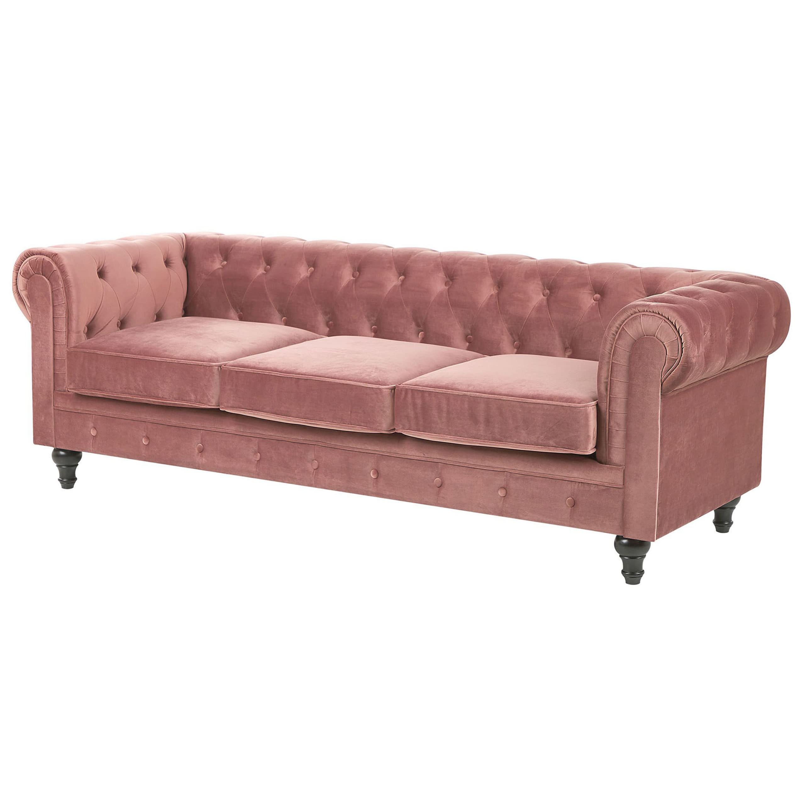 Beliani Conjunto de salón Chesterfield tapizado en Tela de Terciopelo Rosa sofá 3 plazas + sillón Patas de Madera Oscura Estilo contemporáneo Chesterfield