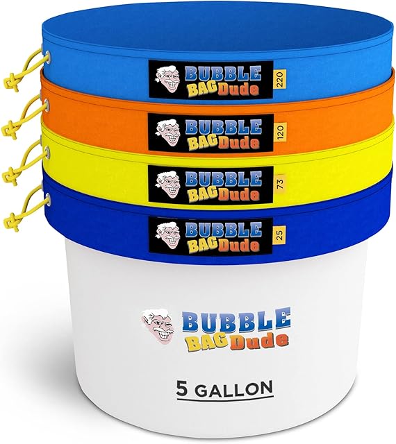 BUBBLEBAGDUDE Bubble Bags 5 Gallon 4 Bag Set Herbal Ice Essence Extraction Bag Kit with 10 x 10 (25 Micron) Pressing Screen and Storage Bag
