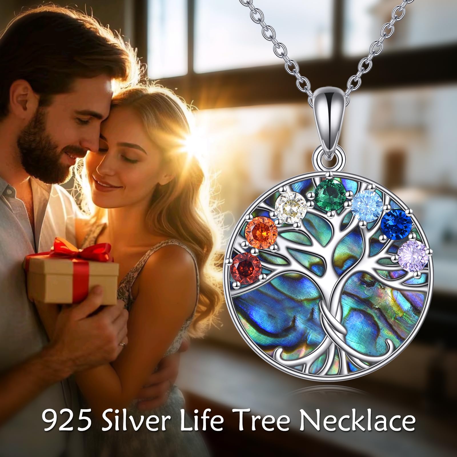 YFN S925 Sterling Silber Lebensbaum Chakra Anhänger Halskette mit 7 Chakra Edelsteinen