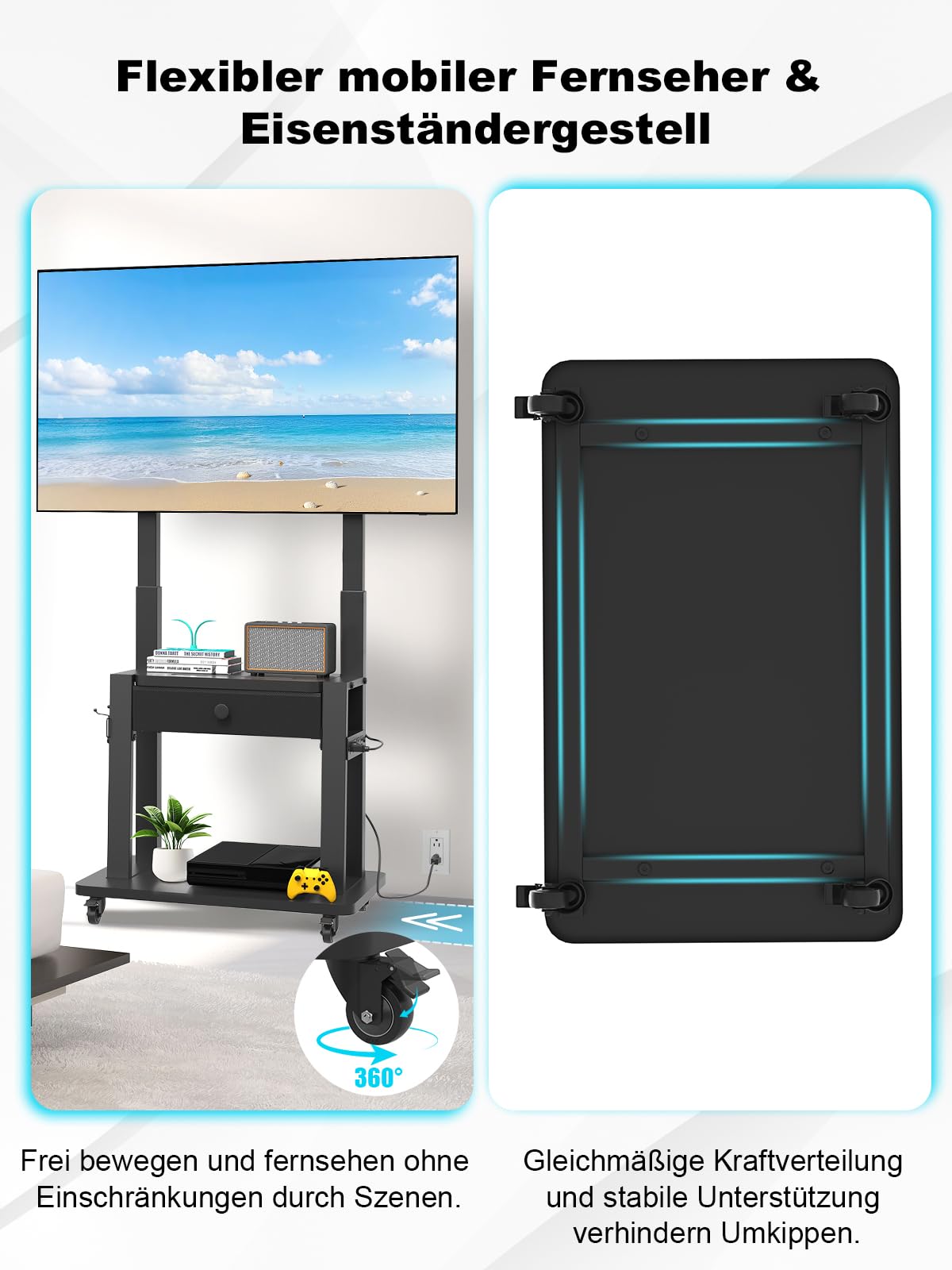 Rollbarer TV-Ständer mit Steckdose und Stoffschublade für 32-75" Flach/Curved TV bis 100kg, höhenverstellbar, mobiler Fernsehwagen, für Home Office, VESA Norm 600 x 400mm, Schwarz Schwarz