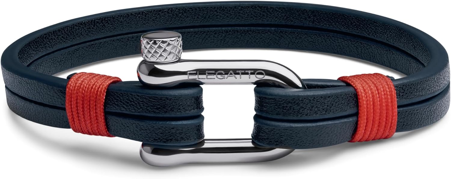 Elegatto Kellmore Premium Leather Bracelet for Men | Double Full-Grain Leather with Silver Polished Stainless Steel Shackle Closure | Men’s Designer Bracelet