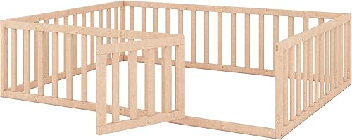 Miniatura 6 de Cama de suelo para niños, marco de cama Montessori tamaño Queen con barandillas de valla para niños, camas de madera para niños y niñas, natural