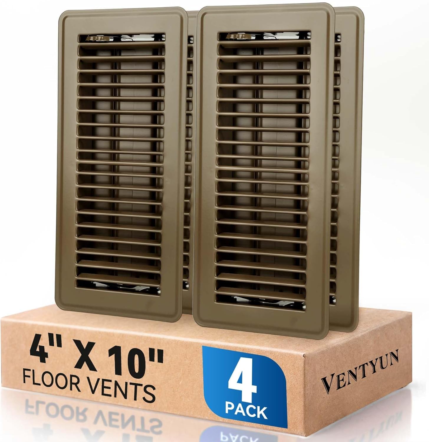 VENTYUN 4x10 Floor Register Vent Covers 4-Pack - Walkable Powder-Coated Metal, Adjustable Airflow, Safe Curved Edges, Brown for Floor/Wall