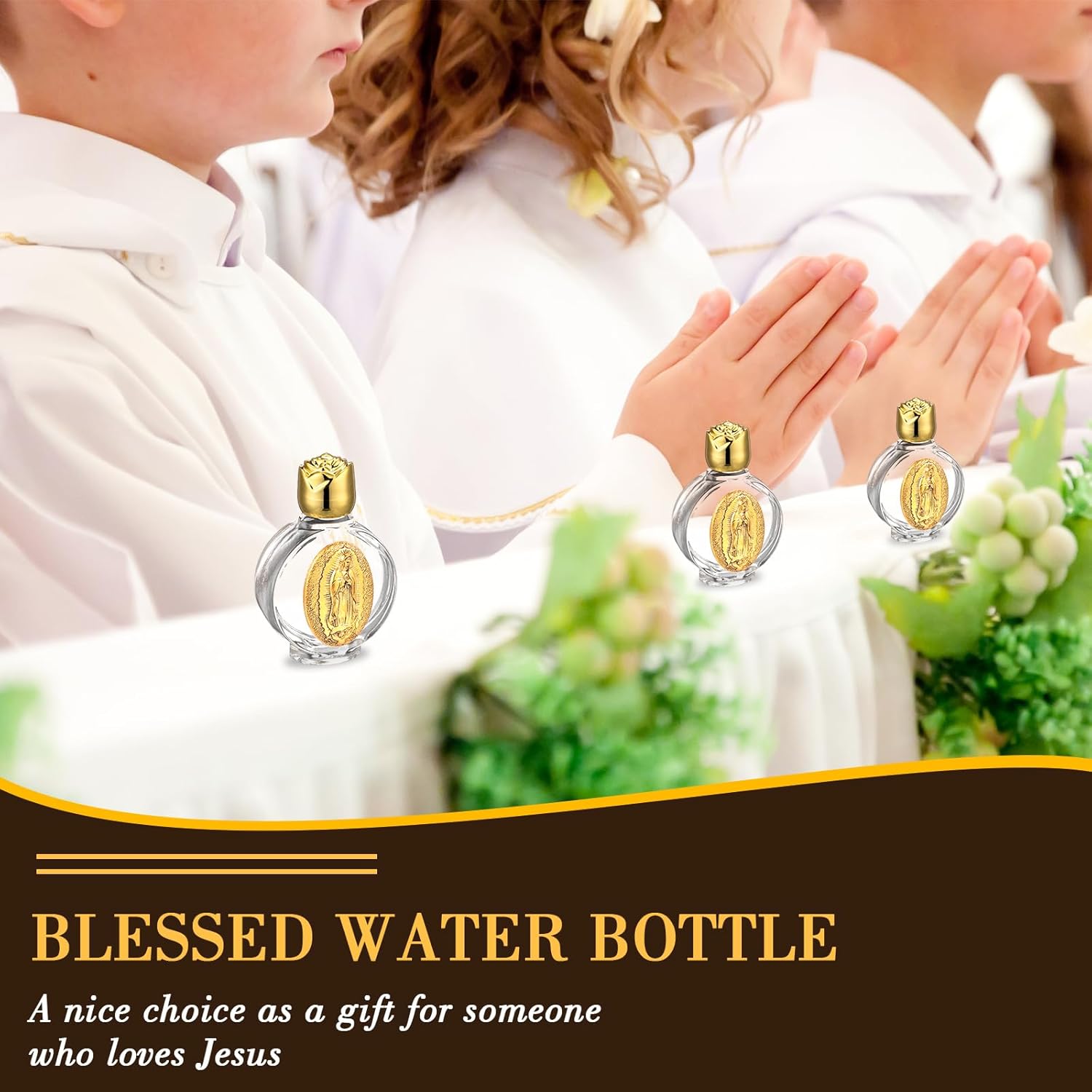 12 Pcs Catholic Holy Water Bottles 0.5 Floz Embossed Glass Holy Water Bottle with Toned Cap and Depiction Communion Gifts for Family Church(Gold,Our Lady of Guadalupe)
