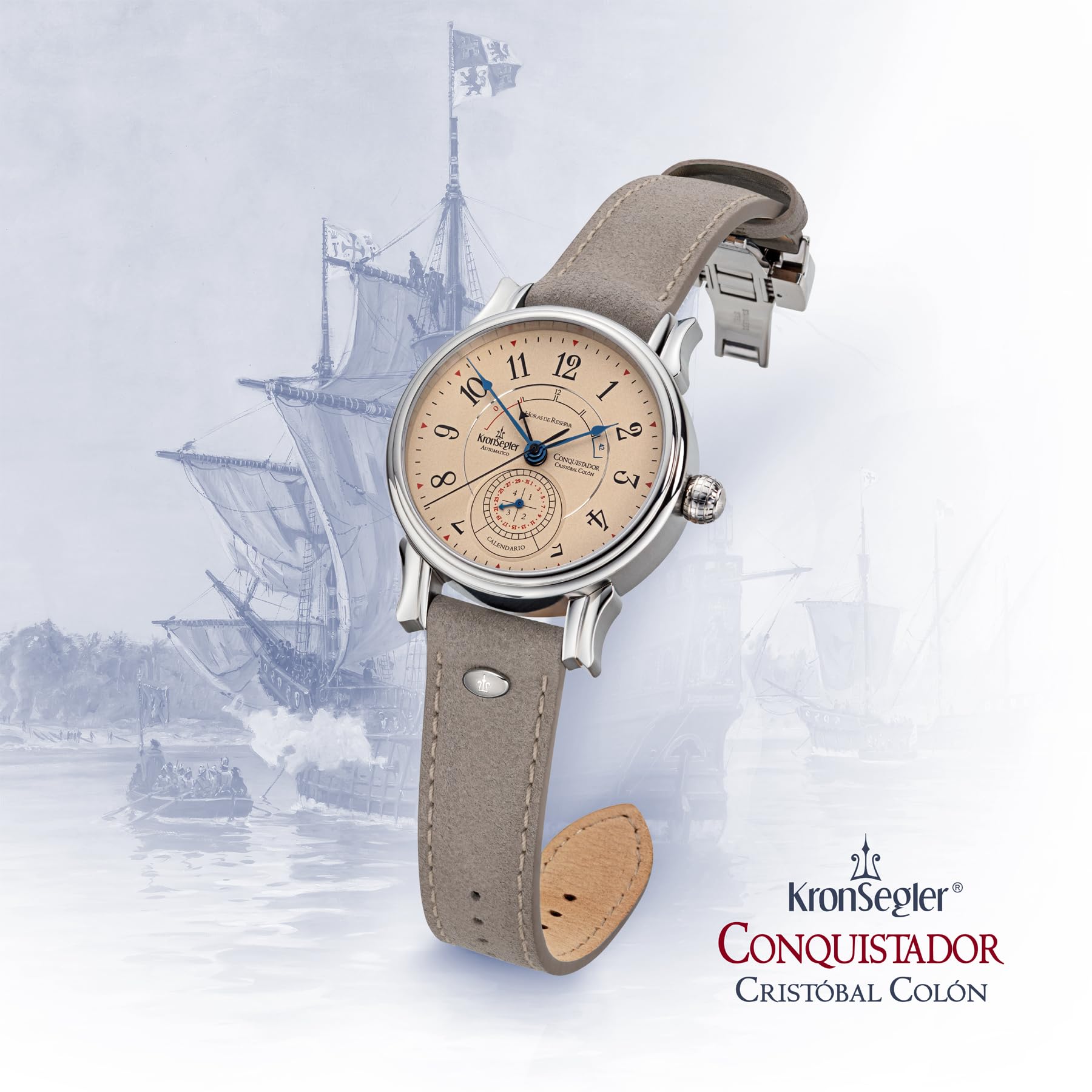 Kronsegler Conquistador Stahl - Tierra braun | Automatik Herrenuhr mit Gangreserveanzeige | Saphirglas, Zeigerdatum, Lederband, Faltschließe