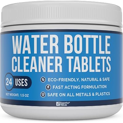 Essential Values Water Bottle Cleaner - Water Bottle Cleaning Tablets & Reservoir Bladder Cleaner Tabs (24 Tablets) - Tumbler Dispenser Hydration Pack Washer - Manufactured in USA