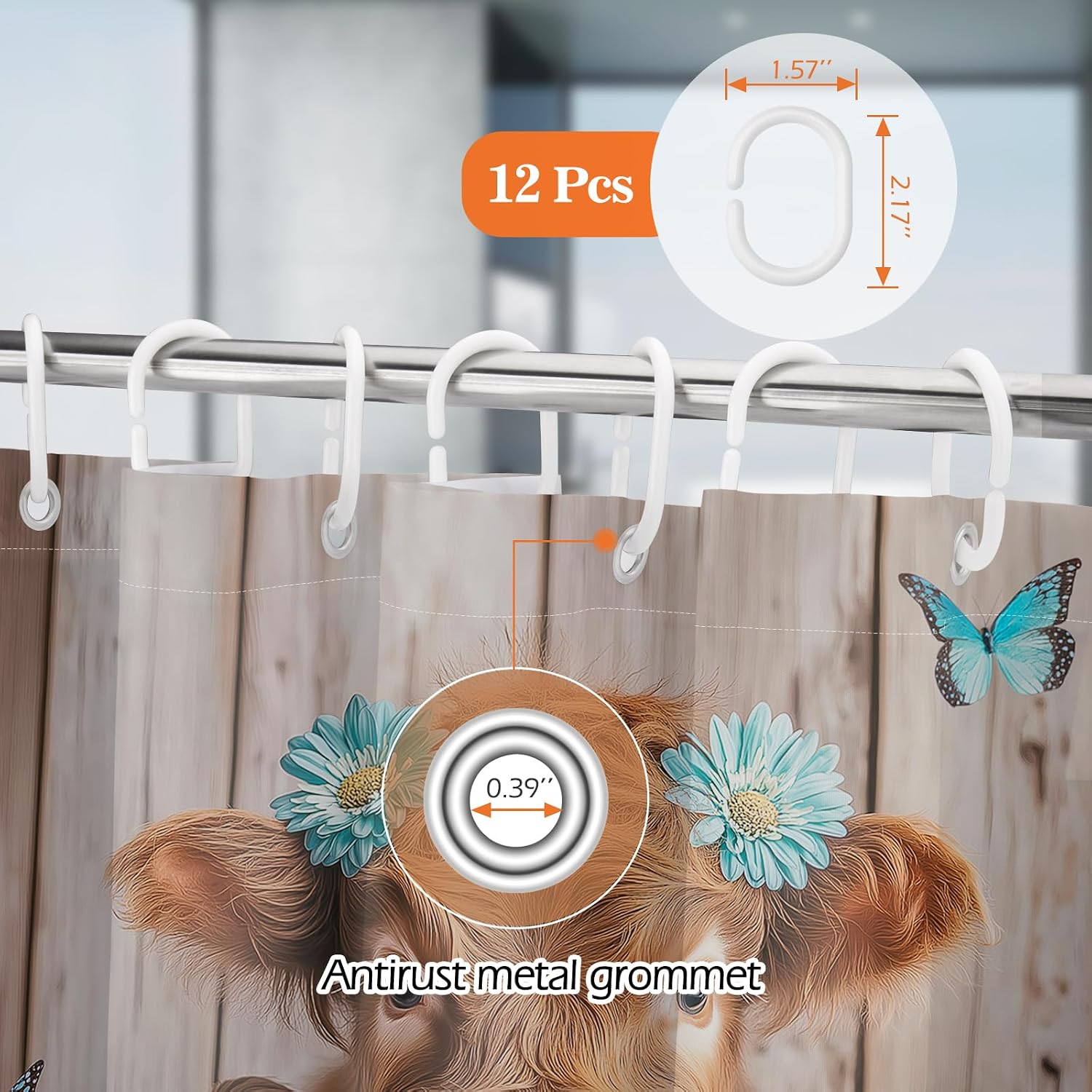 Aimego Funny Highland Cow Shower Curtain, Rustic Country Daisy Floral Wood Plank Farmhouse Butterfly Flowers Bathroom Decor Bathtub Curtain Fabric Shower Curtain Set with 12 Hooks, 72"x72" image 3