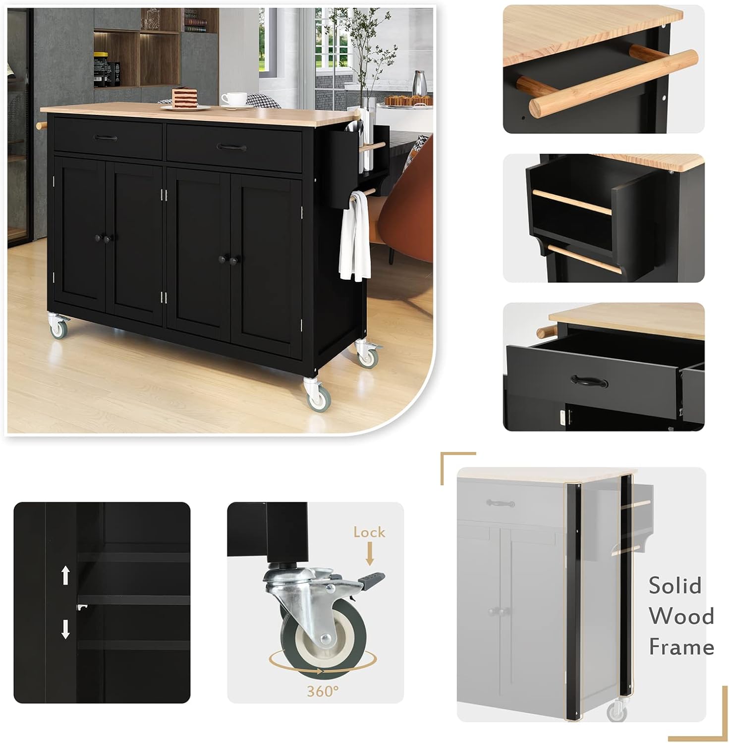 54.3 Inch Rolling Mobile Kitchen Island, Kitchen Island Utility Cart with 2 Drawers and 2 Cabinets Kitchen Island Cart with Spice Rack, Towel Rack, for Dining Room, Living Room & Bedroom