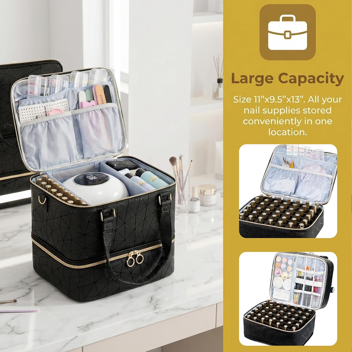 Nail Polish Organizer Bag Holds 84 Bottles, 3 Layers Detachable Nail Kit Storage Case, Portable Nail Supplies Kit Organizer Carrying Case for Gel Polish and Manicure Tools(Black)