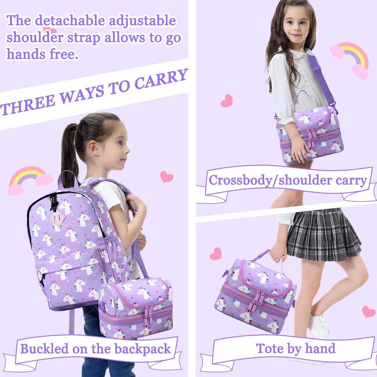 VASCHY Lunch Box Bag Kids, Insulated Two Compartments Cooler Bags Girls/Women w Shoulder Strap for School,Daycare,Kindergarten,Picnic Unicorn