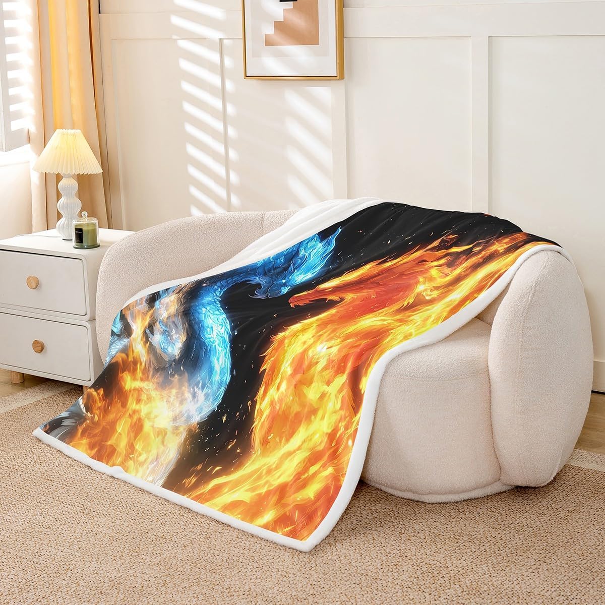 Erosebridal Grey Gloden Dragon Comfoter Set Queen 90"x90" for Kids Girls Fairy Dragon Plush Sherpa Blanket Ancient Wild Animal Bedroom Decor Mysterious Magic Warm Plush