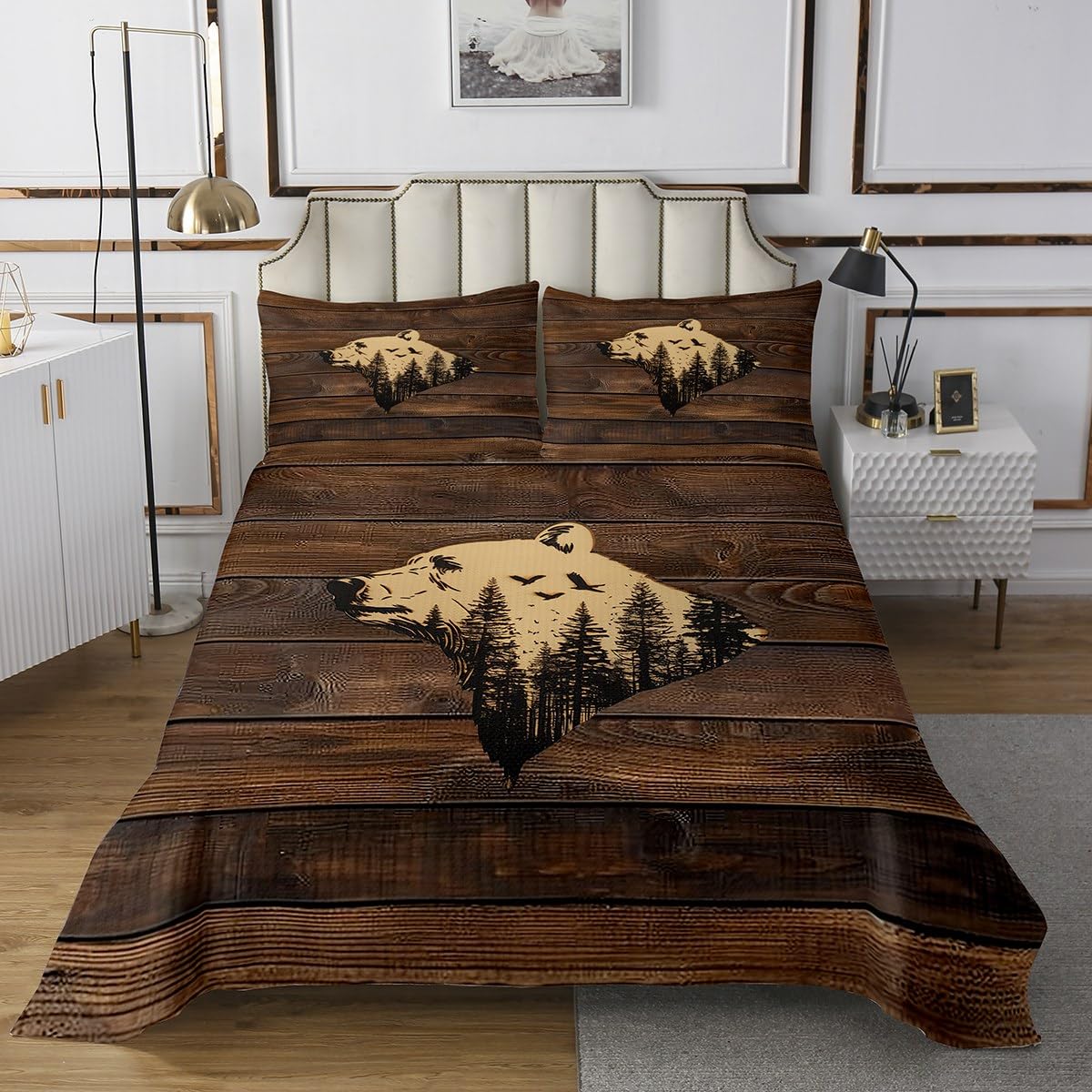 jejeloiu Bear Bedspread Queen Size Kids Wild Animal Quilted Coverlet for Boys Girls Teens Rustic Cabin Country Coverlet Set Dark Brown