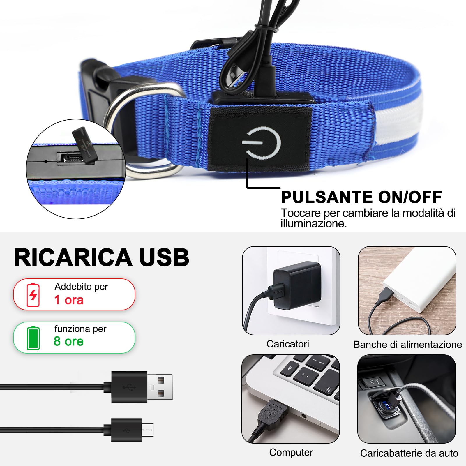 Nepfaivy Collare Luminoso per Cani Ricaricabile - Collare per Cani a Led con Lunghezza Regolabile, 3 Modalità di Illuminazione per la Sicurezza Notturna, Blu