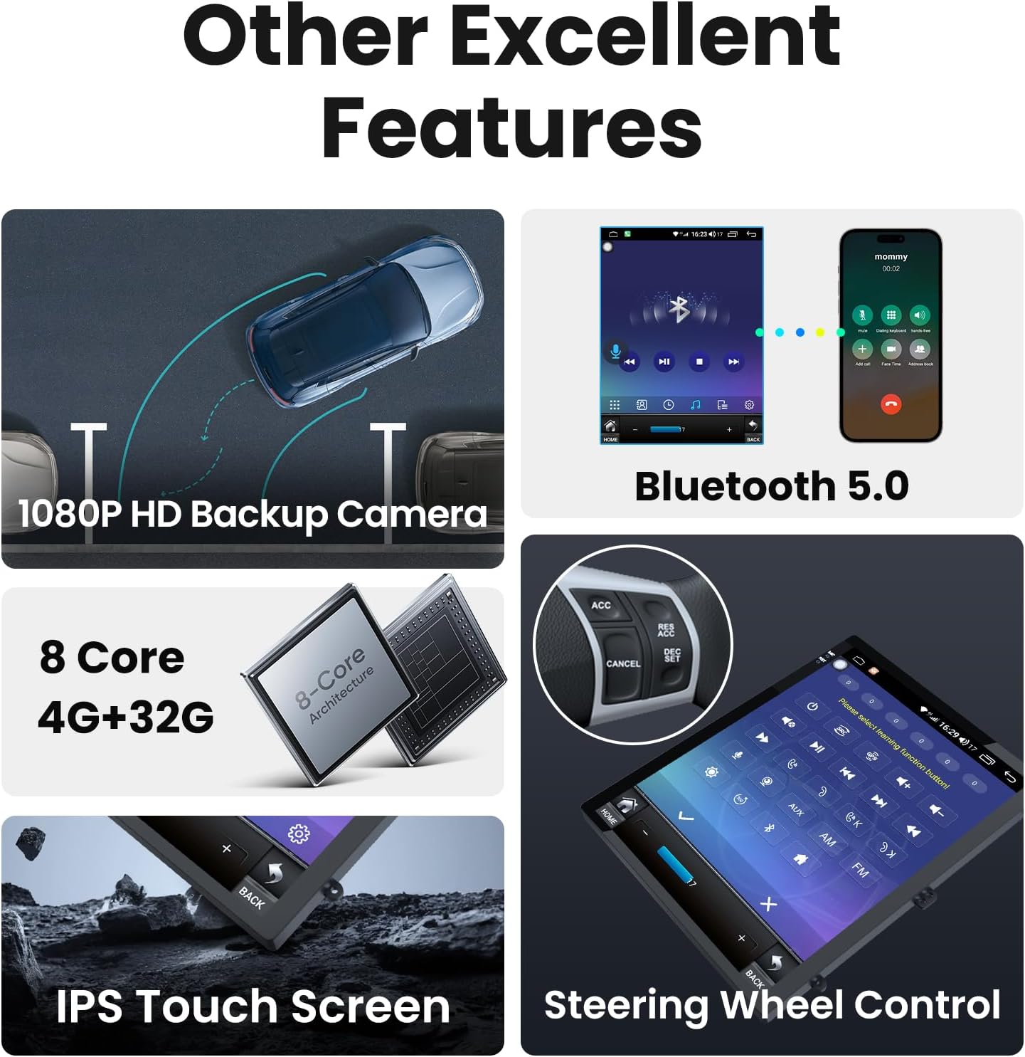 Image showing the car radio display with GPS navigation map and a 1080P rear camera view.