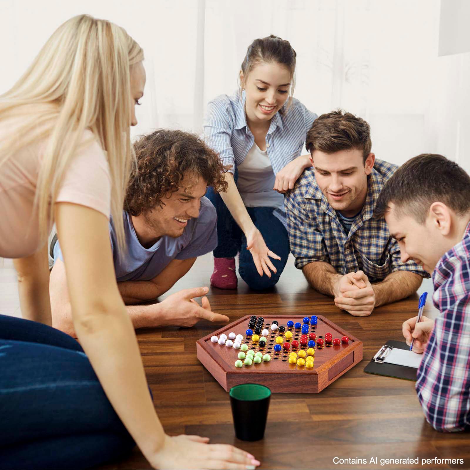 AMEROUS Juego de damas chinas de madera de 12.5 pulgadas con cajón de almacenamiento, 60 canicas acrílicas en 6 colores, 12 canicas de repuesto adicionales, juego de mesa familiar de estrategia