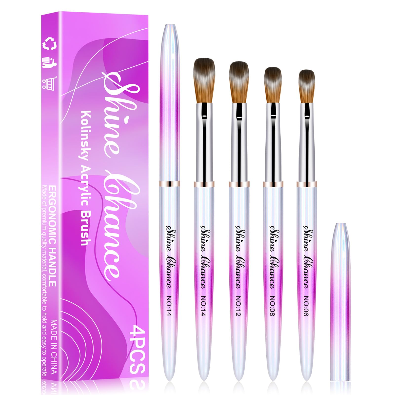 Shine Chance 4Pcs Acrylic Nail Brushes Set, Kolinsky Nail Art Brush, Art Design & Polish Mistake Cleaning Manicure Tools for Women Acrylic Application