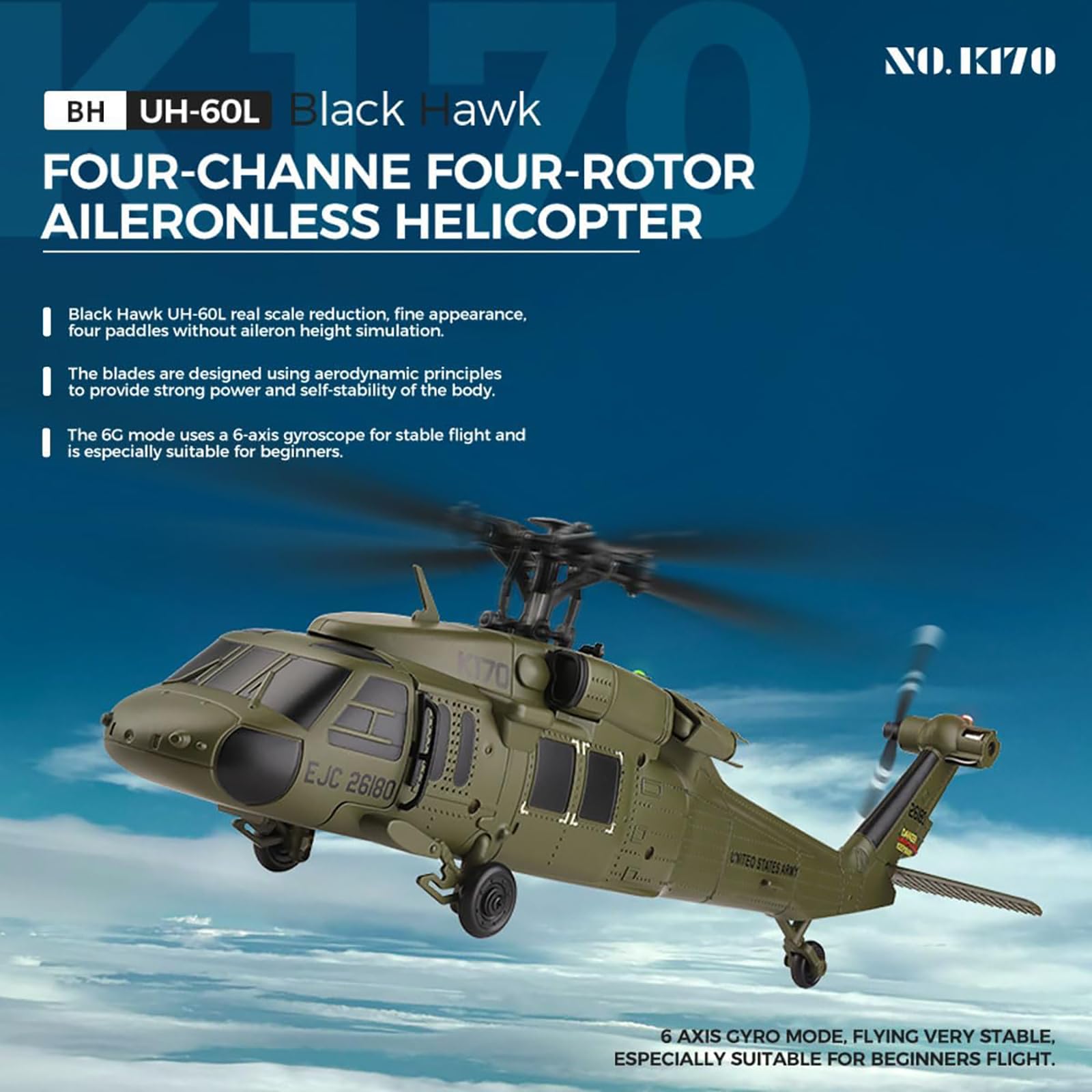 Generico Elicottero radiocomandato WL K170, 4 canali 2.4G Flybarless UH-60L RC Aereo Militare con Volo stazionario in Quota, Motore brushless per Adulti, Aereo RC giroscopico a 6 Assi