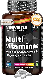 Vitaminas para el Cansancio con Magnesio y Ginseng - Multivitaminas para Hombre y Mujer -365 Comprimidos para 1 año de suministro - Complejo Multivitamínico Completo con Minerales y Ginseng- Sevens