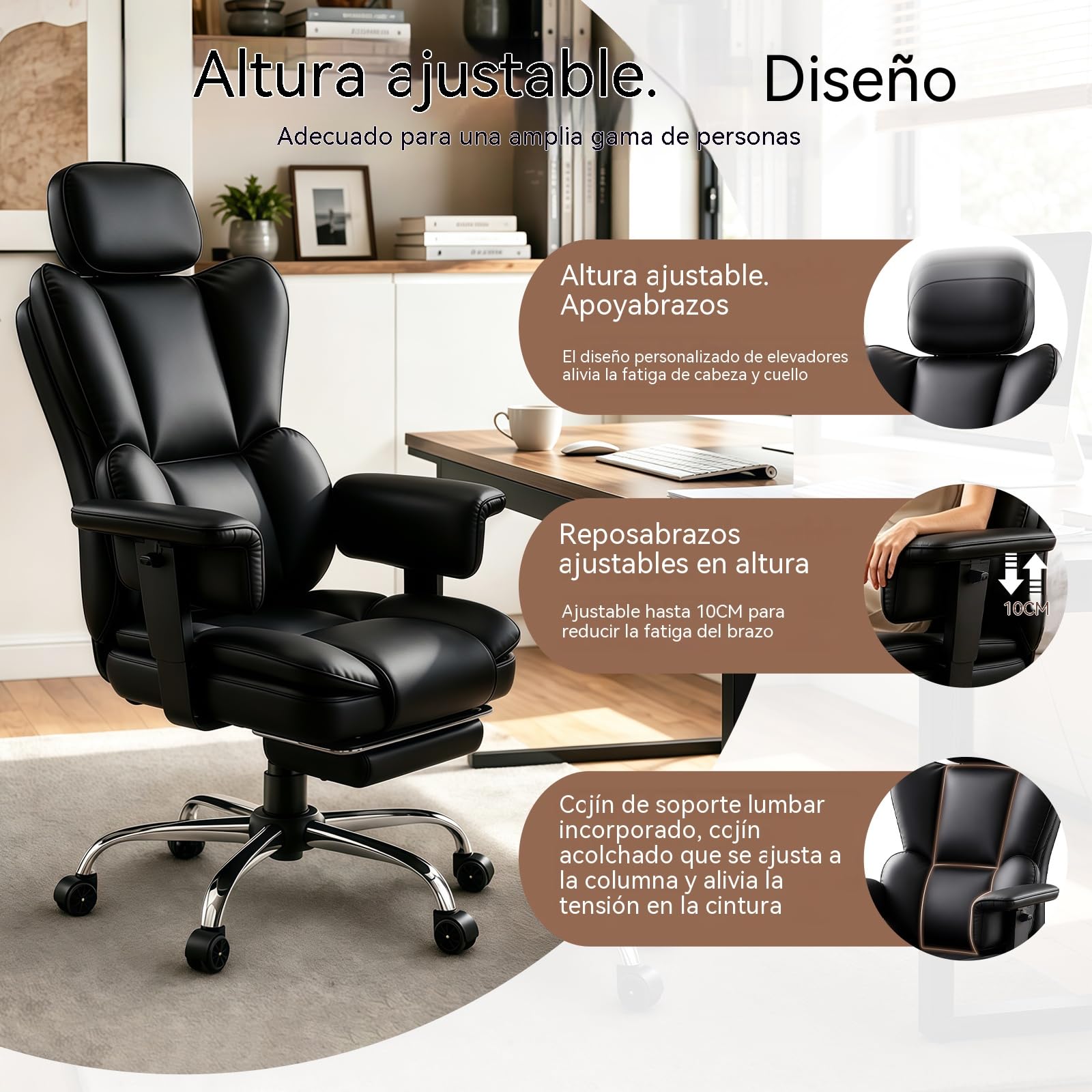 Silla Oficina Ejecutiva,Respaldo Alto En Cuero PU Giratoria con Reposa-pies,Diseño Ergonómico Reclinable con Soporte Lumbar Y Reposabrazos Ajustables para Hogar O Gaming (Negro)