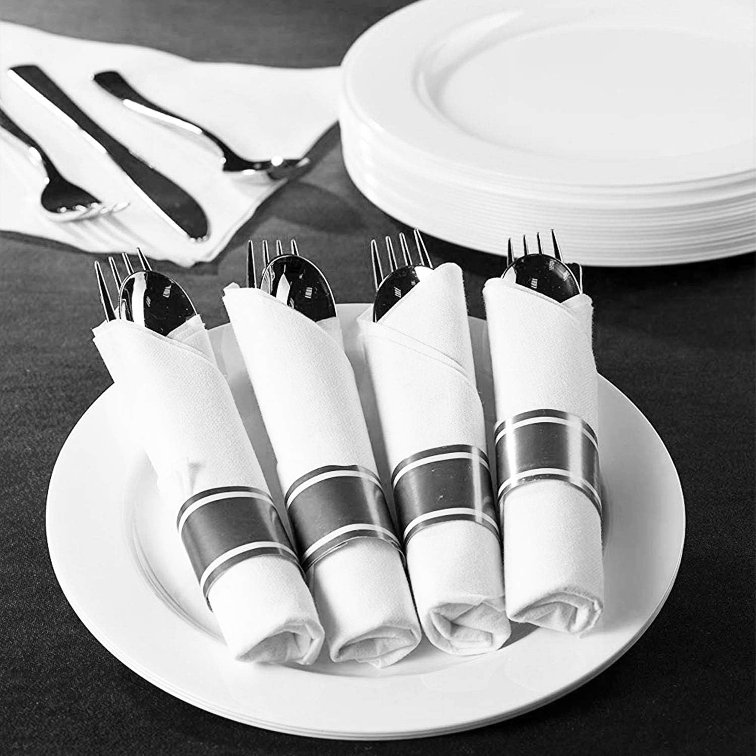 Tiger Chef Pre-Rolled Napkin and Cutlery Set - White Napkins and Silver Heavy-Weight Plastic Silverware with Napkin Band Set - 30-Pack