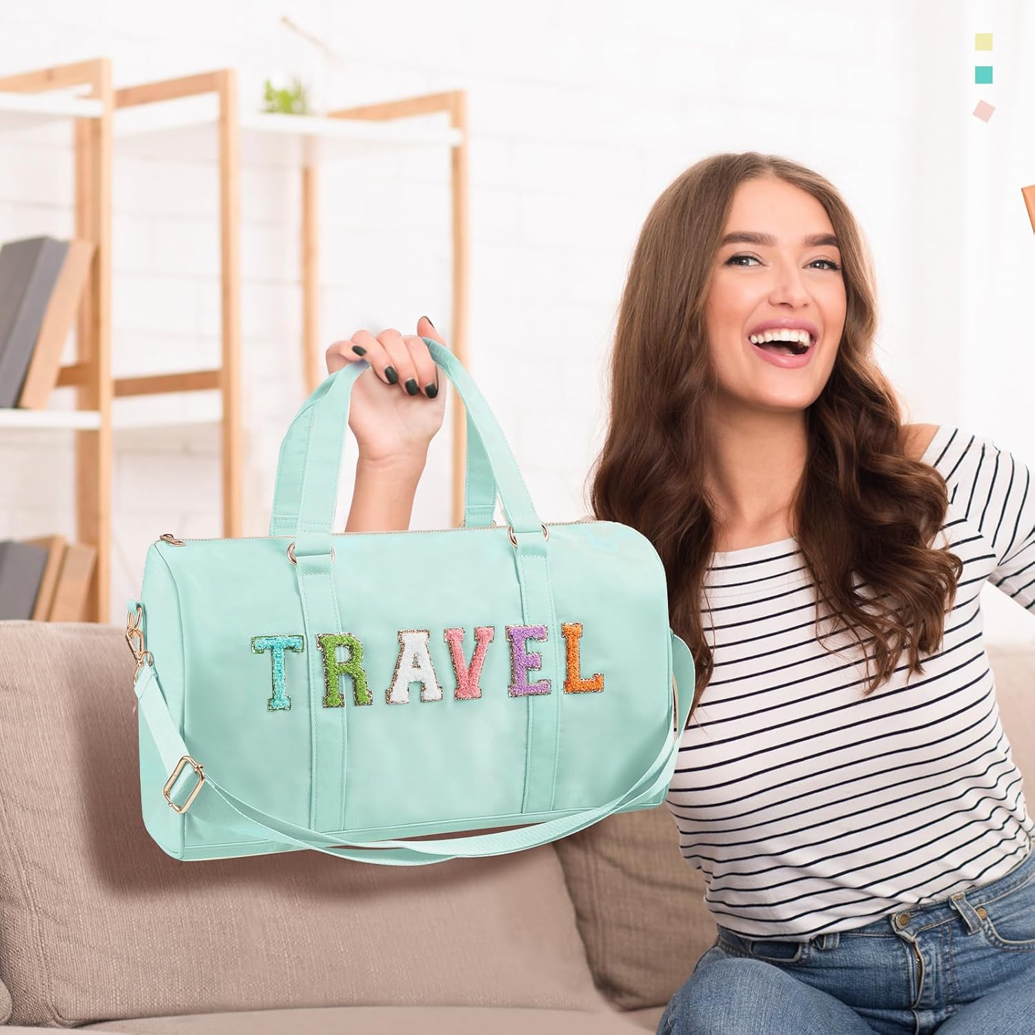 Shinylin 2 Pcs Travel Preppy Duffle Bag and Chenille Letter Makeup Pouch Cosmetic Zipper Patch Weekender Carry on Tote Bag for Women(Mint Green)
