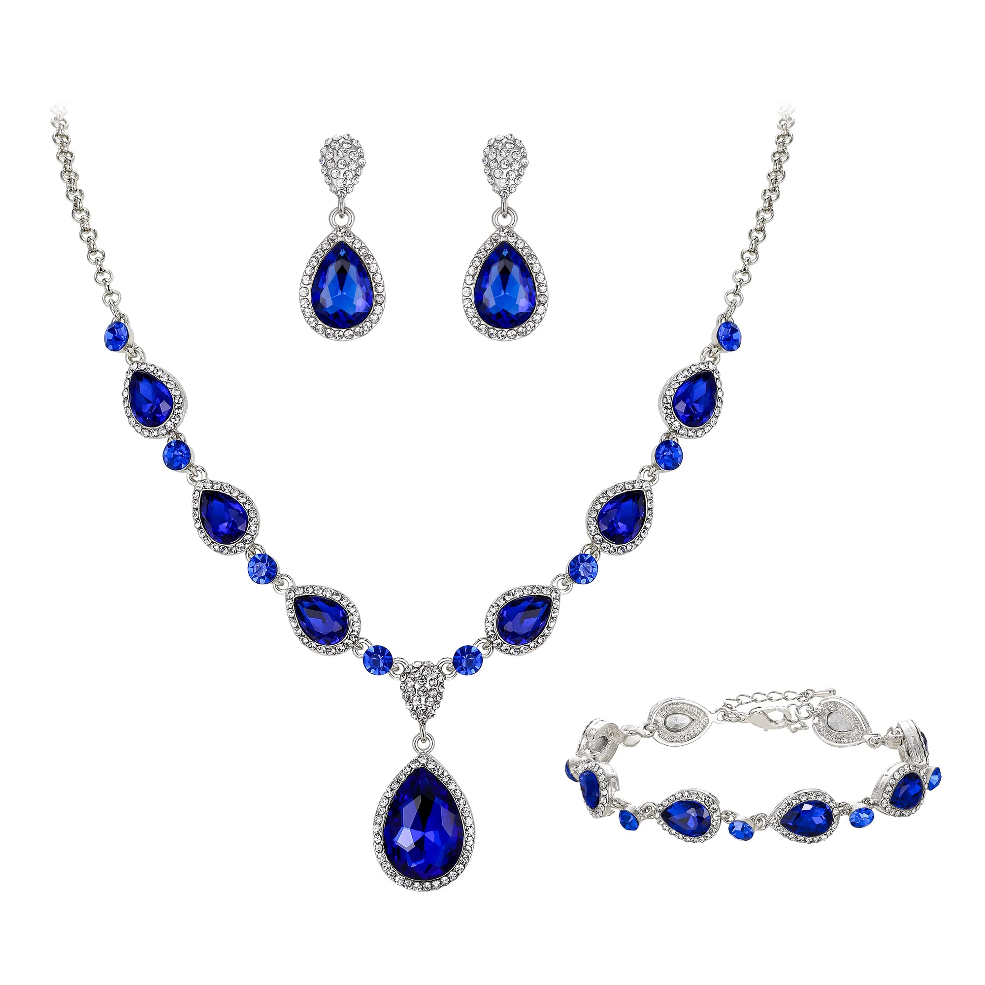Parure De Bijoux De Mariage En Zircon - Collier, Boucles D'Oreilles, Bracelet, Bague 4PCS Bleu