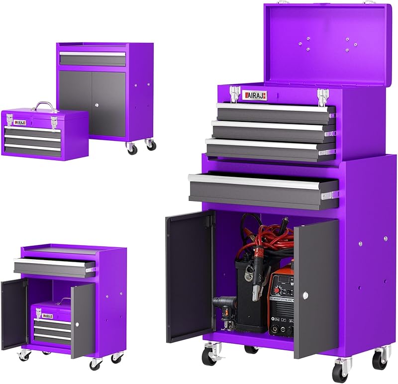 Caja de herramientas rodante de 4 cajones con ruedas, caja de herramientas 2 en 1 con cerradura de 40" | Gabinete de herramientas desmontable con puertas dobles, sistema de bloqueo, manija portátil y revestimientos de cajones para garaje, taller y taller de reparación