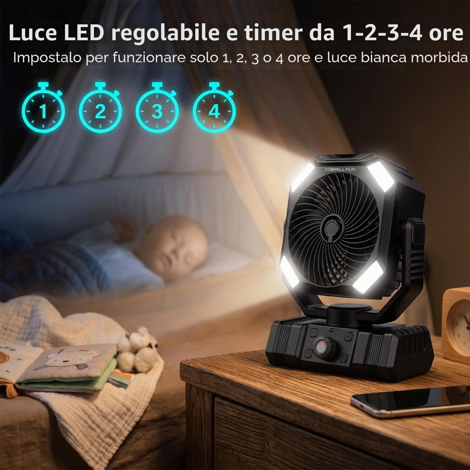 Ventilatore a Batteria con Nebulizzazione, Ventilatore Portatile Ricaricabile 10000mAh, Ventilatore Oscillante con Serbatoio 300mL, Telecomando, Luce LED, Timer per Campeggio Terrazza Spiaggia Ufficio
