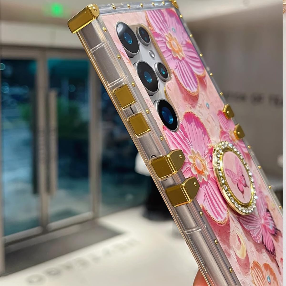 Glitter Floral Kickstand Case for iPhone 16 Pro Max,Cute Colorful Retro Oil Painting Printed Flower Butterfly Bling Sparkly Ring Stand Shockproof Women Girls Case for iPhone 16 Pro Max, Pink - Image 6