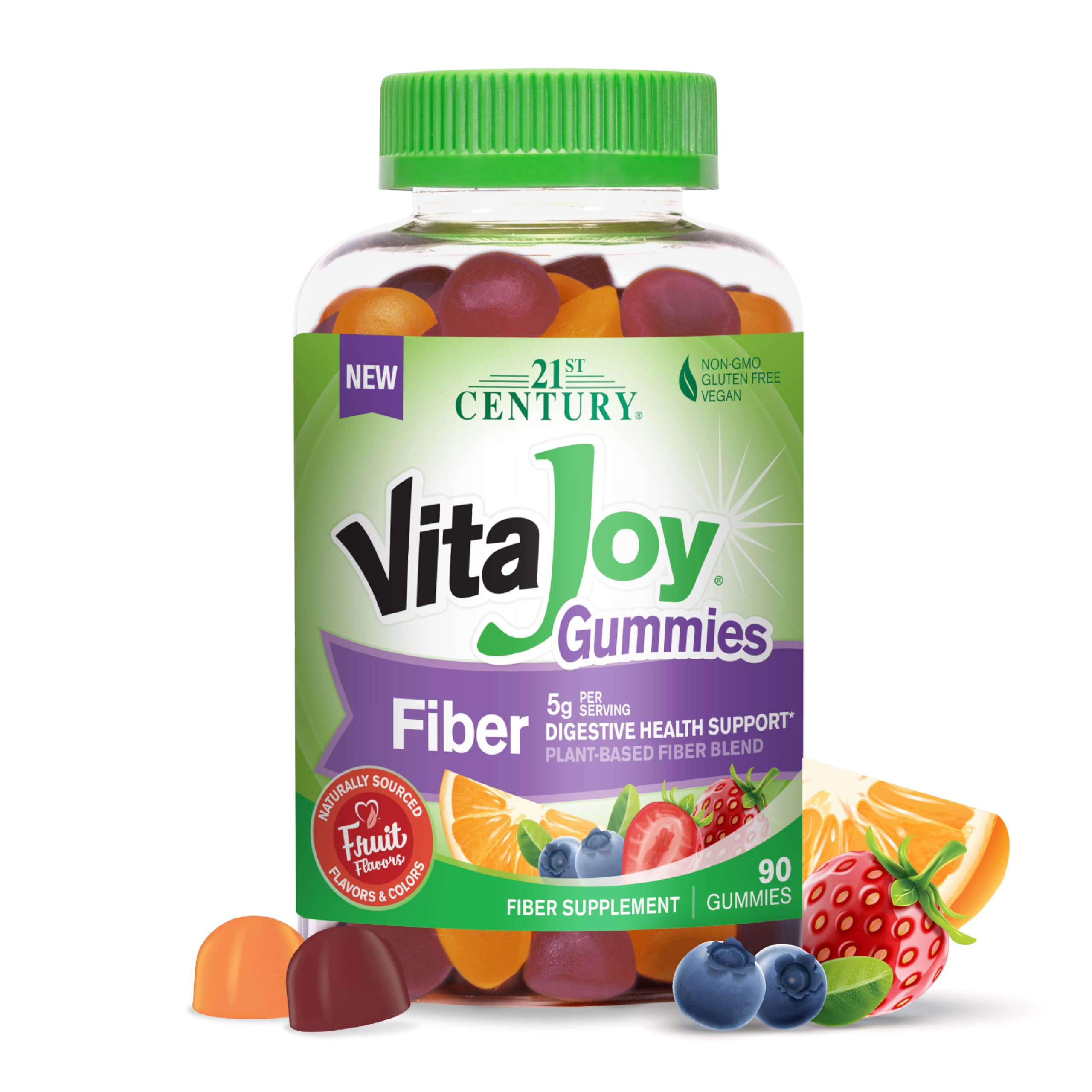 21st Century VitaJoy Fiber Gummies (Naturally Fruit Flavored & Colored, 90 Count), 5g Fiber Per Serving for Digestive Support, Pectin-Based Prebiotic Gummies, Non-GMO, Vegan, Gluten Free