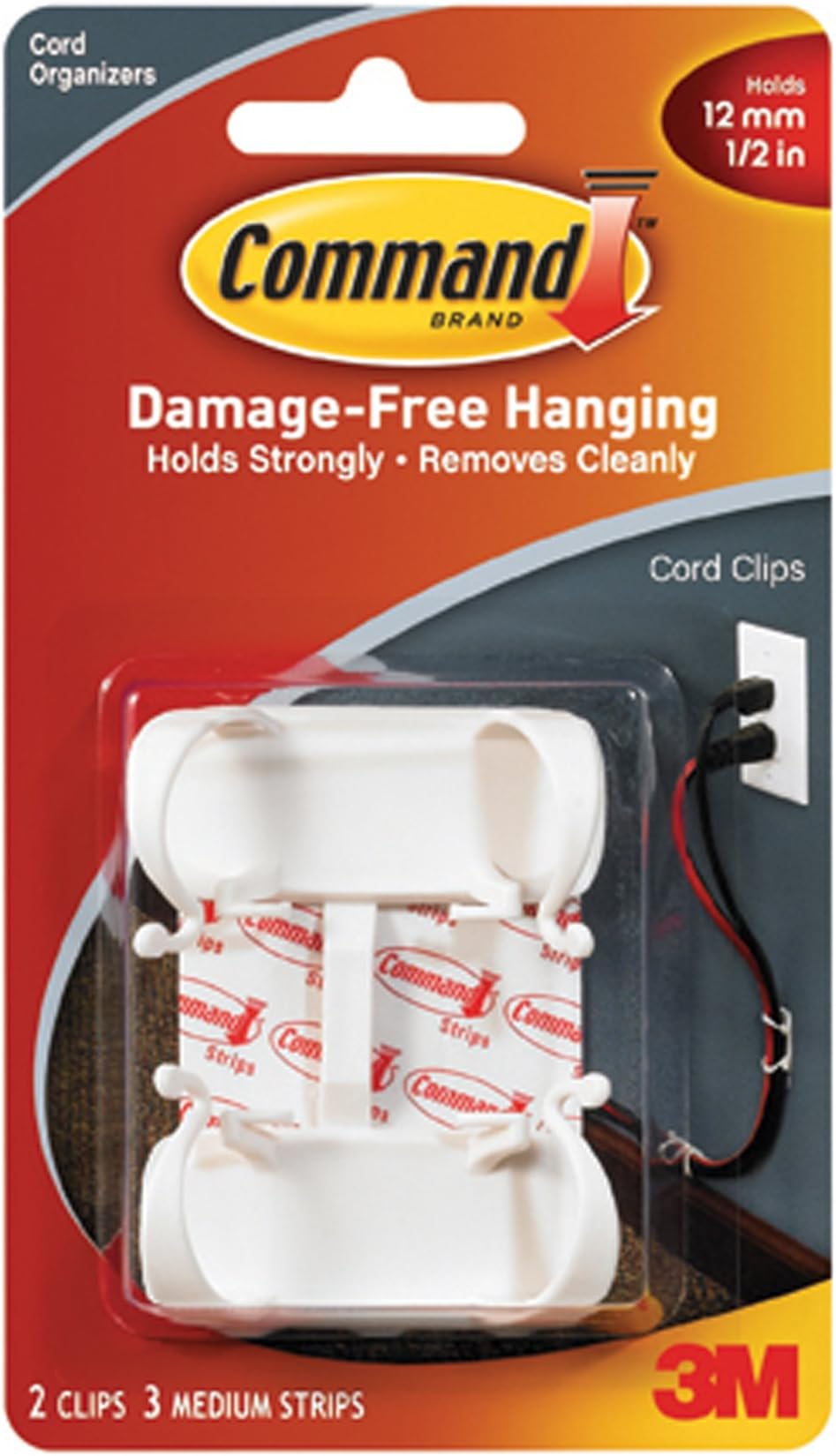 3M Large Cord Clips with Command Adhesive, 2 cord clips, 3 medium strips