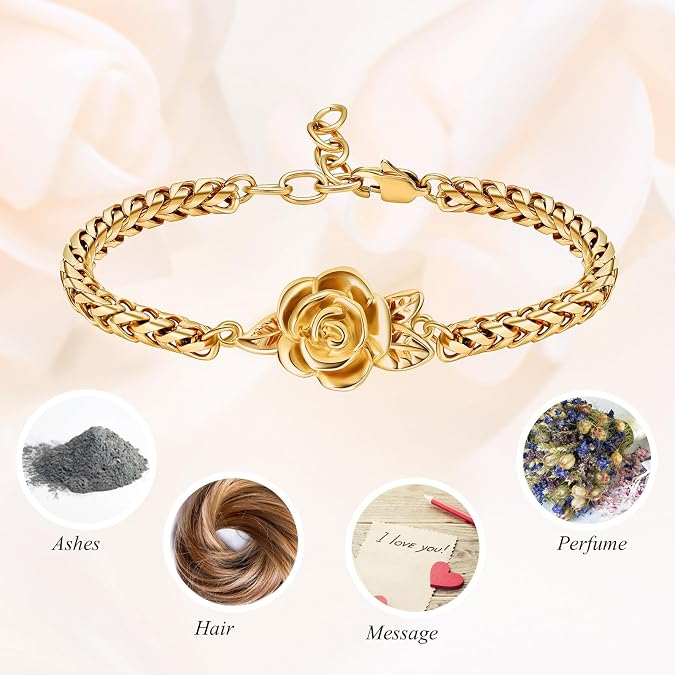 Minicremation Women's Adjustable Rose Urn Bracelet Ashes Holder Memorial Elegant Link Chain Keepsake Cremation Bangle to Hold Ashes