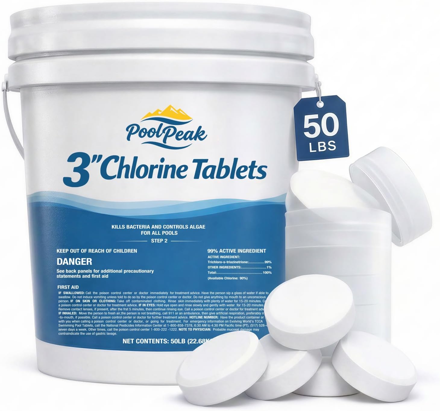 Chlorine Tablets 3 Inch for Sanitizing Swimming Pools | 99% Pure Tri-Chlor, 90% Available Chlorine | Slow-Dissolving, UV-Protected | Exclusive Protective Packaging, 50lb Bucket