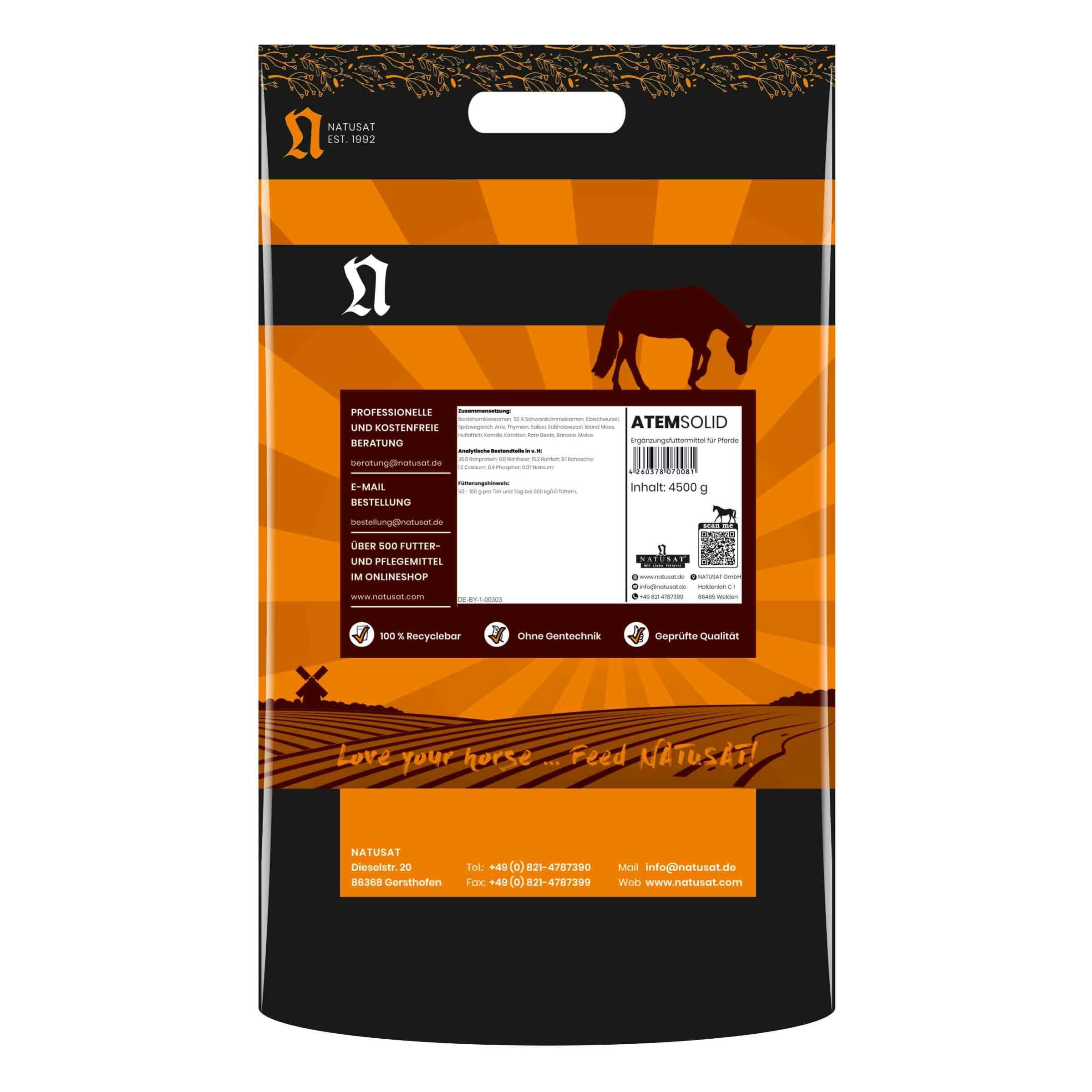 NATUSAT AtemSolid – con semi di cumino nero, erbe bronchiali, miscela di erbe preziose, cibo complementare per cavalli (4500 g)