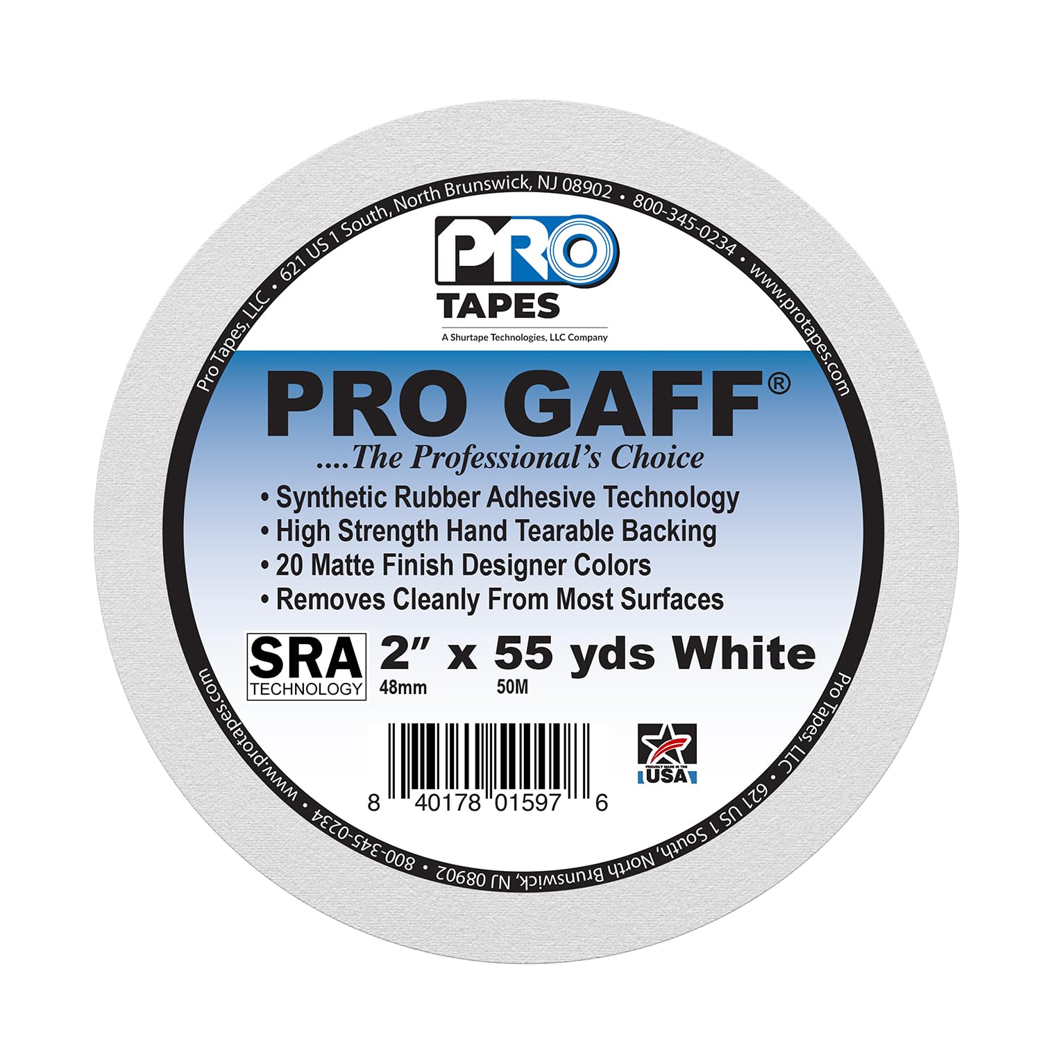 ProTapes Pro Gaff Premium Matte Cloth Gaffer's Tape With Rubber Adhesive, 11 mils Thick, 55 yds Length, 2" Width, White (Pack of 1)