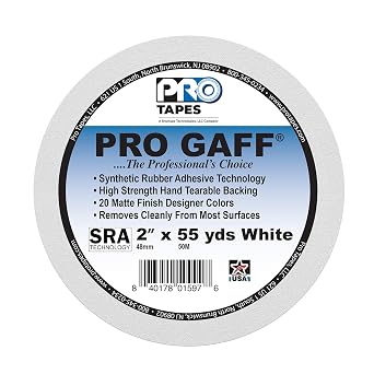 ProTapes Pro Gaff Premium Matte Cloth Gaffer's Tape With Rubber Adhesive, 11 mils Thick, 55 yds Length, 2 Width, White (Pack of 1)