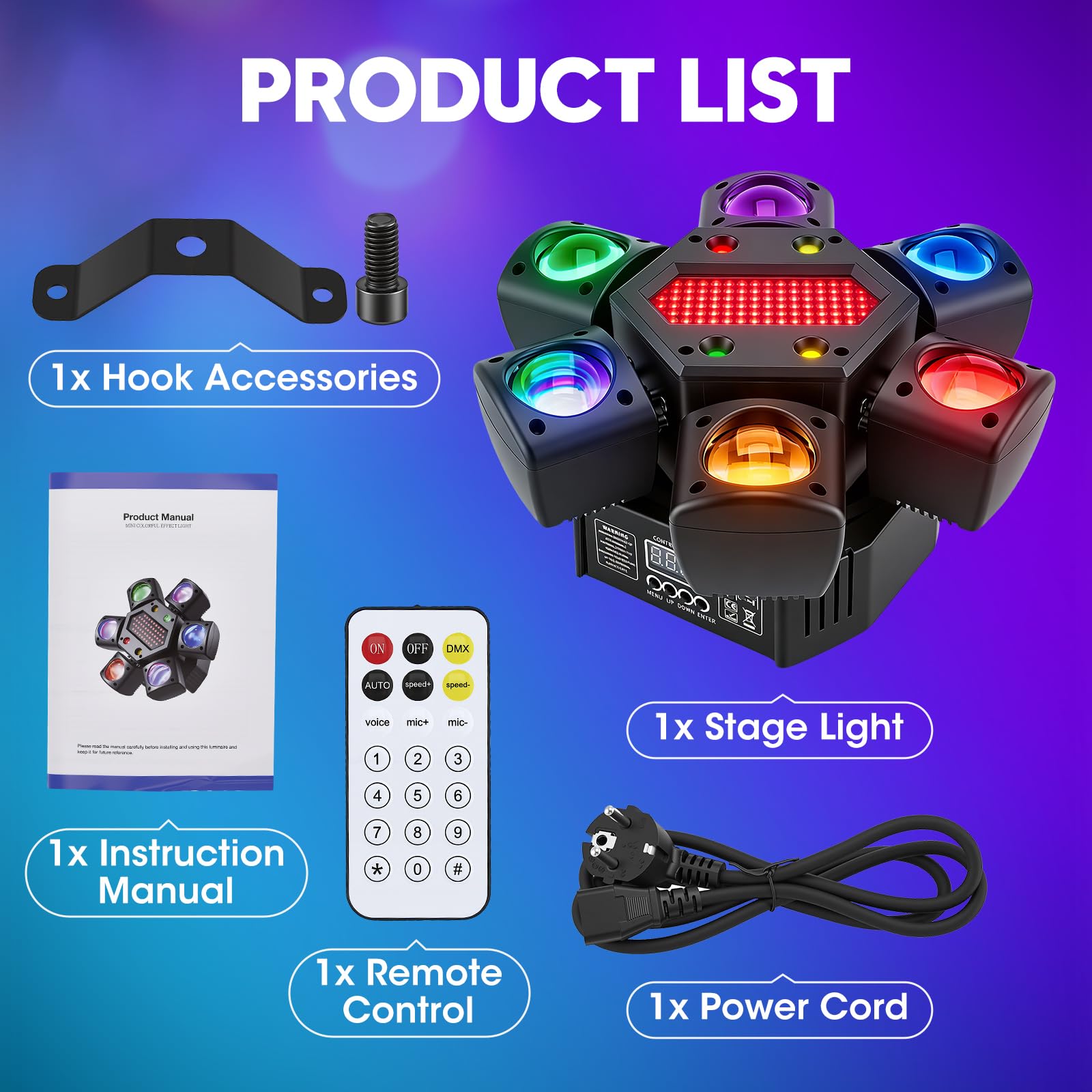 Moving Head - Luce da discoteca, DMX 512, con telecomando e attivazione del suono, asse X 540°, LED RGB DJ discoteca luci per DJ bar, matrimonio, compleanno