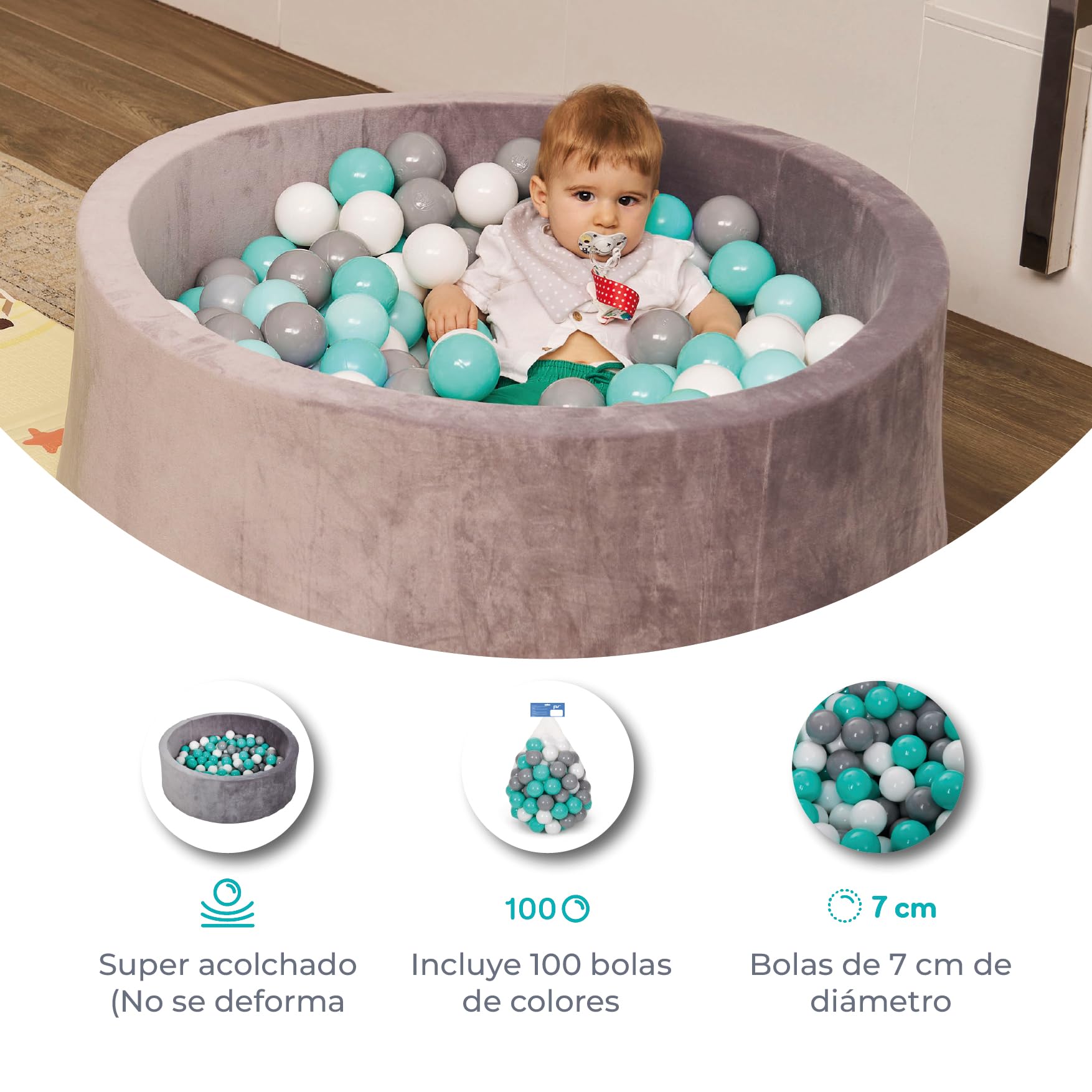MS BabyWorld – Piscina de Bolas Misti – Piscina de Espuma Redonda para Bebé | +100 Bolas Incluidas | Parque Sensorial | Acolchada y Suave al Tacto | Ideal para Interiores