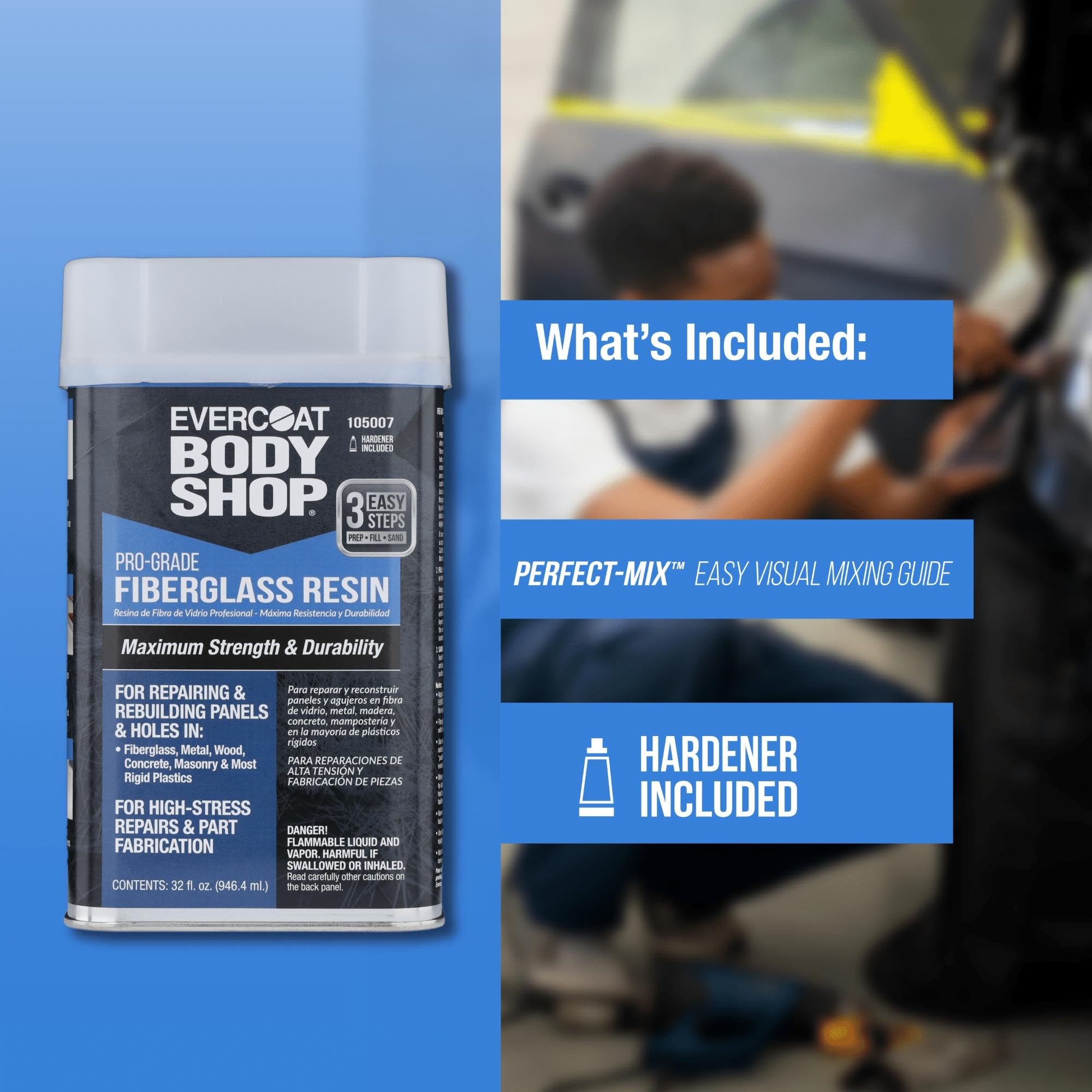 Evercoat Body Shop 105007 Resina de fibra de vidrio de grado profesional para reparar y reconstruir paneles y agujeros en fibra de vidrio, metal, madera y más, endurecedor fácil de mezclar incluido 32