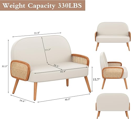 Miniatura 2 de Aklaus Sofá biplaza pequeño de piel sintética de 45 pulgadas de ancho con brazos de ratán natural, mini sofá tapizado moderno con respaldo para sala