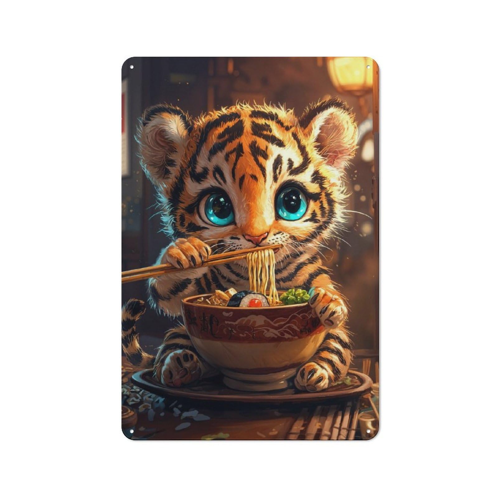 Junmoney Cute Tiger Eating Ramen Retro Tin Sign 30X20cm For Lounge Or Reading Corner, For Home Wall Decor Collectors