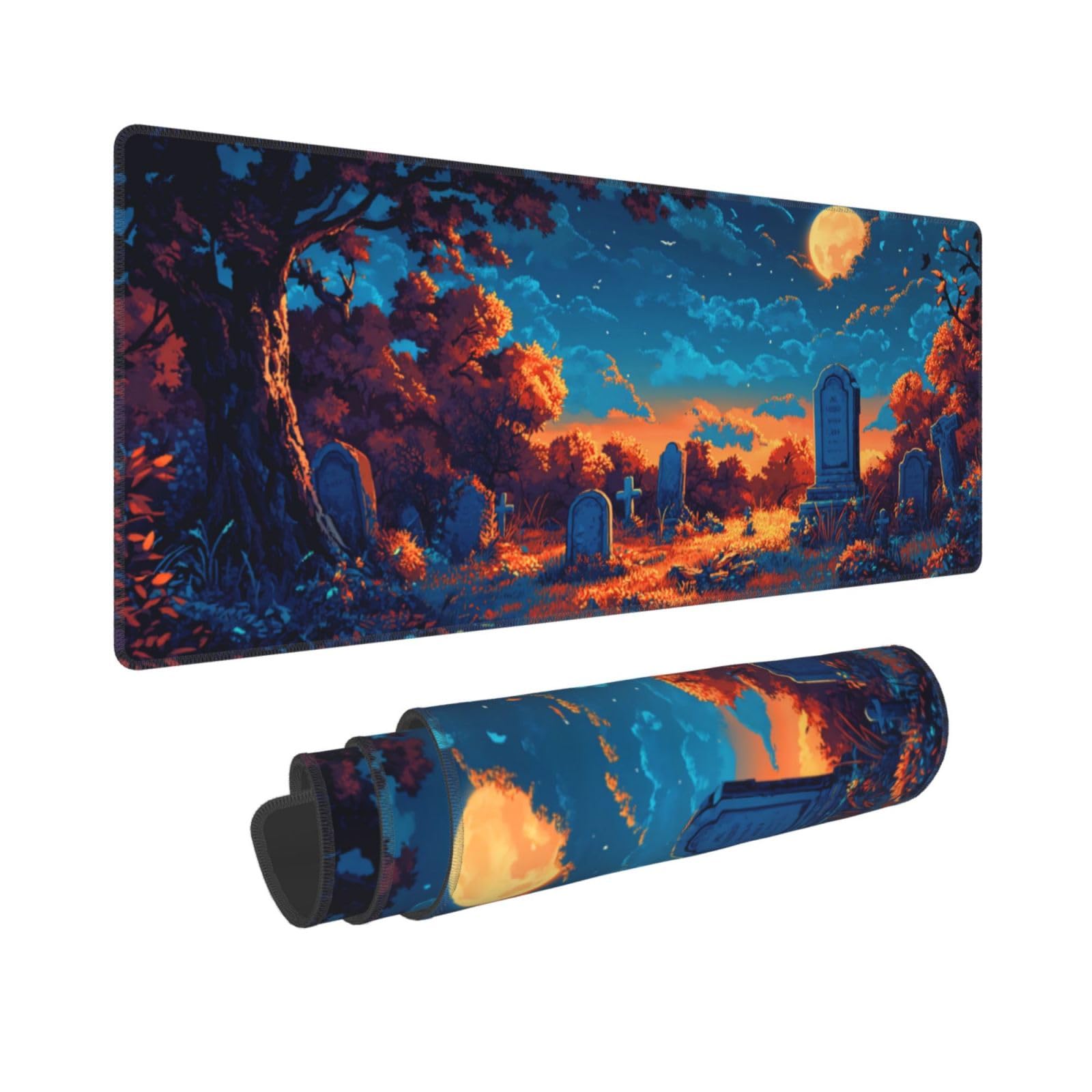 Cross in The Moonlight Gaming Mouse Pad, Large Non-Slip Rubber Base Mousepad XL 31.5x11.8in, Keyboard Mouse Mat, Desk Pad with Stitched Edges for