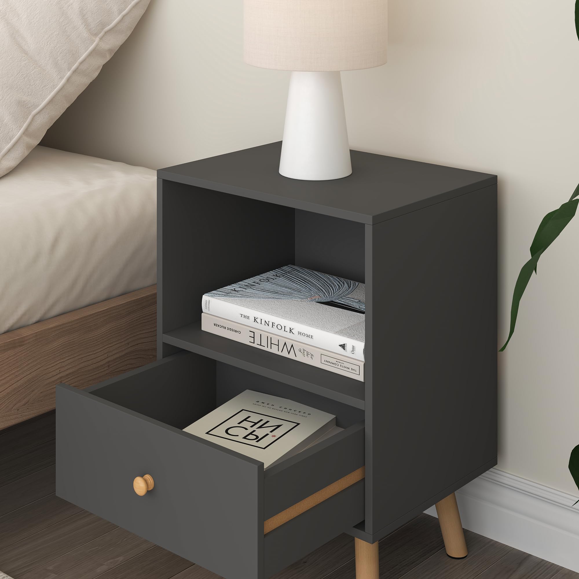 [en.casa] Lot de 2 Tables d'Appoint avec Compartiment de Rangement et Tiroir Ensemble de 2 Tables Basses Capacité de Charge 5 kg Panneau de Particules Bois 54 x 40 x 30 cm Gris Foncé