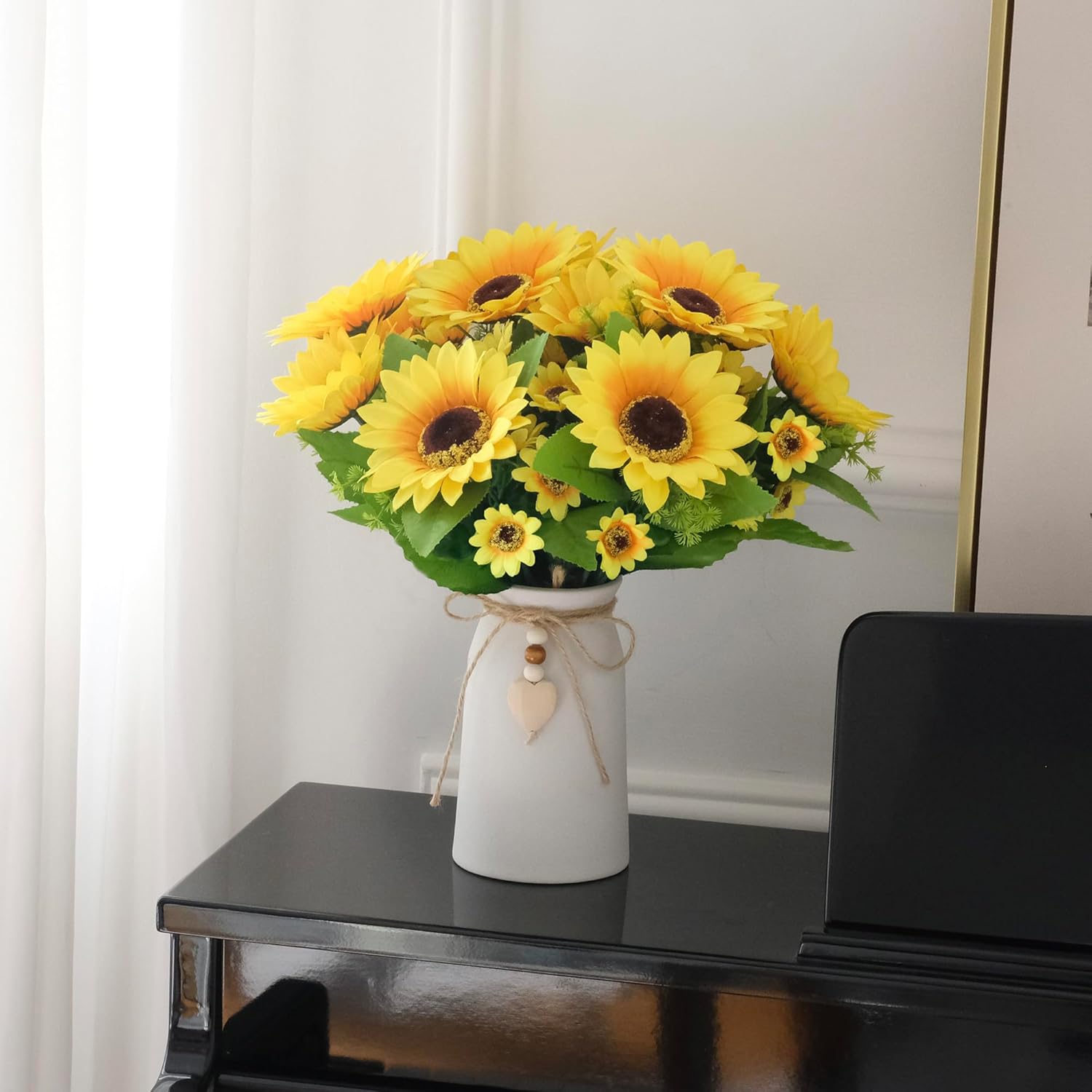 Artificial Sunflower Arrangement in Cream Vase, Silk Fake Flowers in Vase with Jute Rope & Heart Charm, Table Centerpieces for Dining Room, Kitchen and Table Décor - Image 8