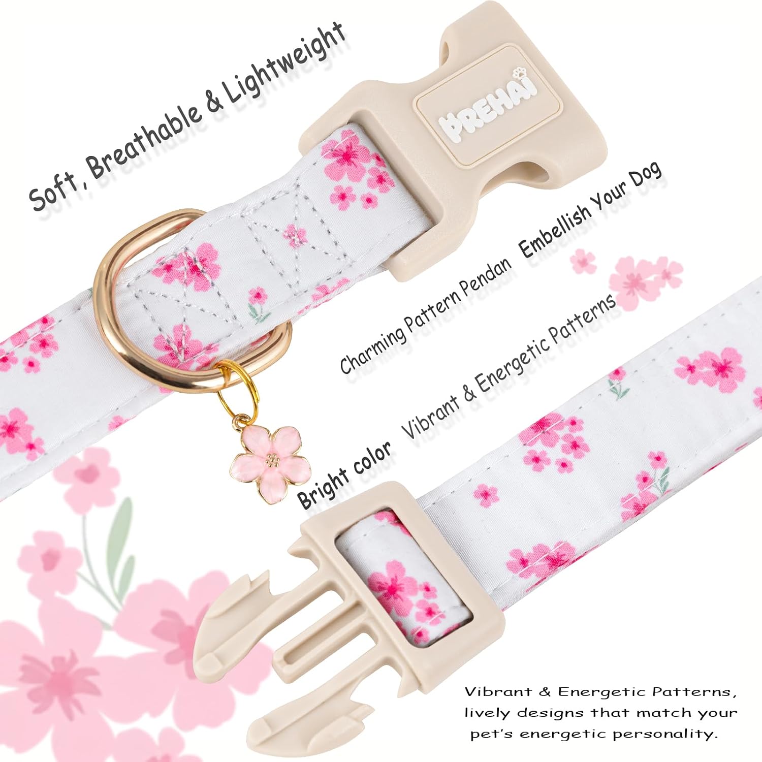 PREHAI Pink Floral Dog Collar Cute Spring Summer Design for Boy Girl Small Medium Large Dogs Collars White S image 2