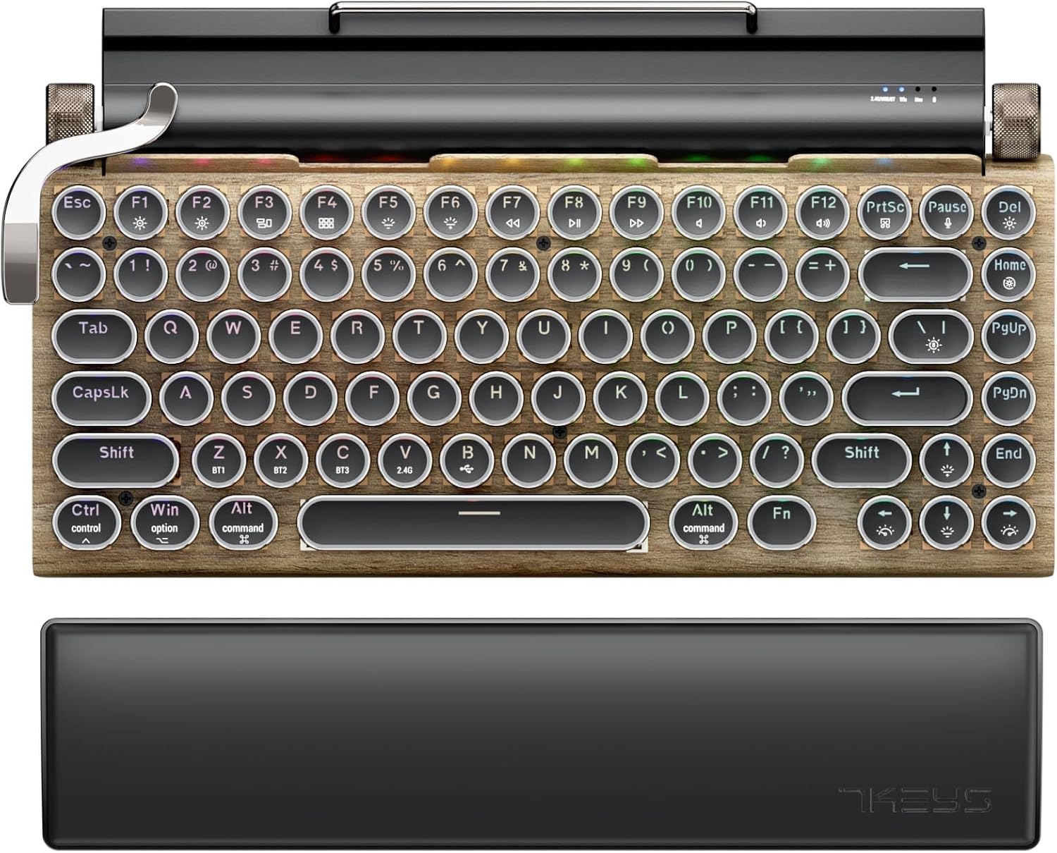7KEYS Typewriter Keyboard Wireless Retro Style, Vintage Classical Mechanical Keyboard with Bluetooth for IPAD PC/Laptop Mac/Phone (Wood+Wrist)