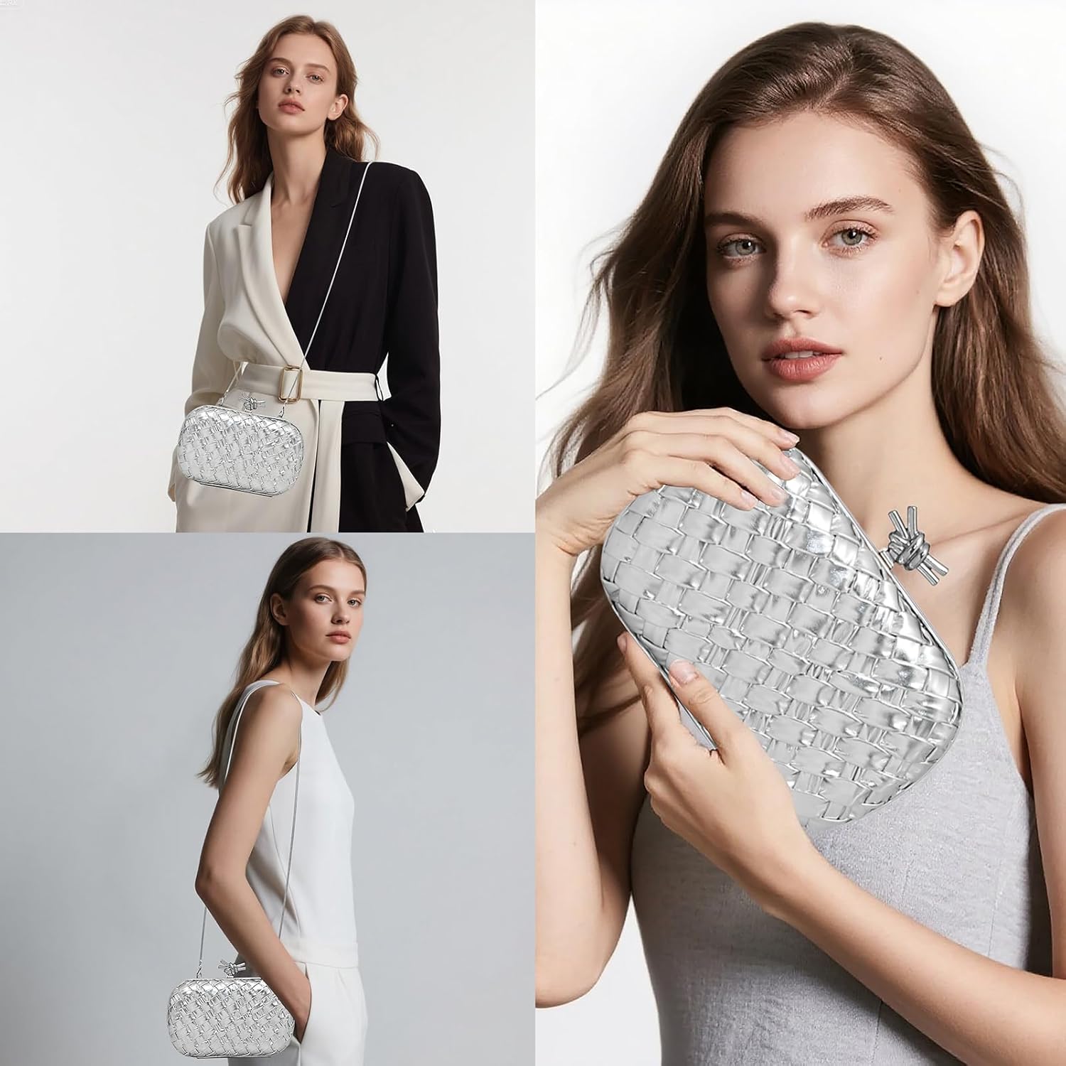 Handwoven Clutch Evening Bag for Women – Structured PU Leather Purse with Chain Strap for Wedding, Party & Date Night