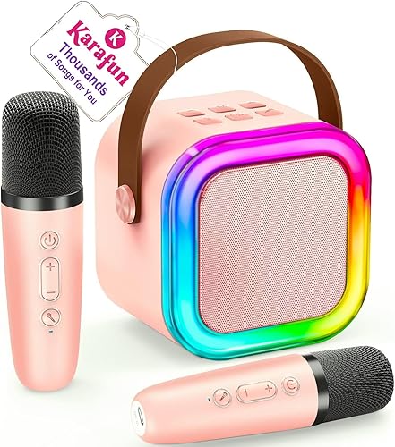 Miniatura 76 de Máquina de karaoke para niños y adultos, minialtavoz Bluetooth portátil con 2 micrófonos inalámbricos y luces de fiesta, para celular, regalo