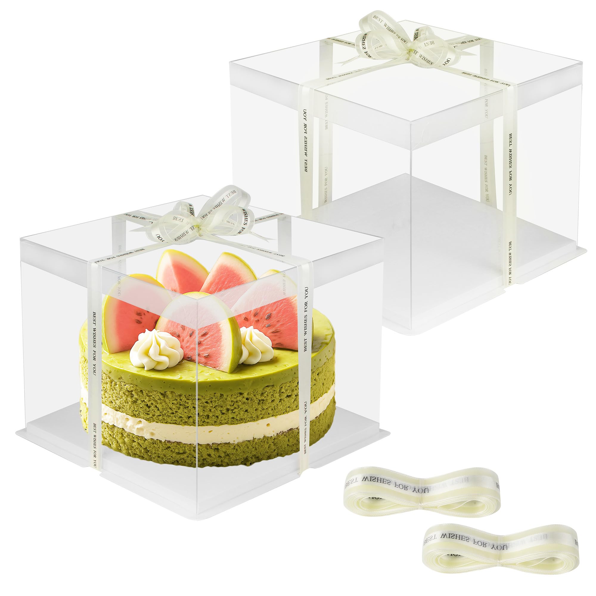 JIYANA 2 scatole per torta trasparenti 30 x 30 x 25 cm con 2 nastri, Scatole Trasparenti Per Bomboniere per torte da 10 pollici, adatte per compleanni, matrimoni, feste, confezioni regalo